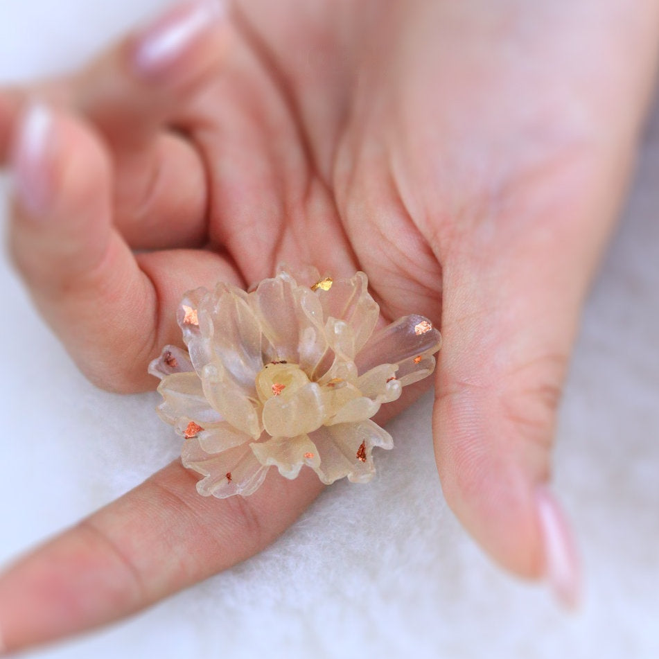 Handcrafted Leather Flower Statement Ring — Translucent Ivory Petals & Gold Shimmer | Adjustable Open Band | 3rd Leather Anniversary Gift for Her