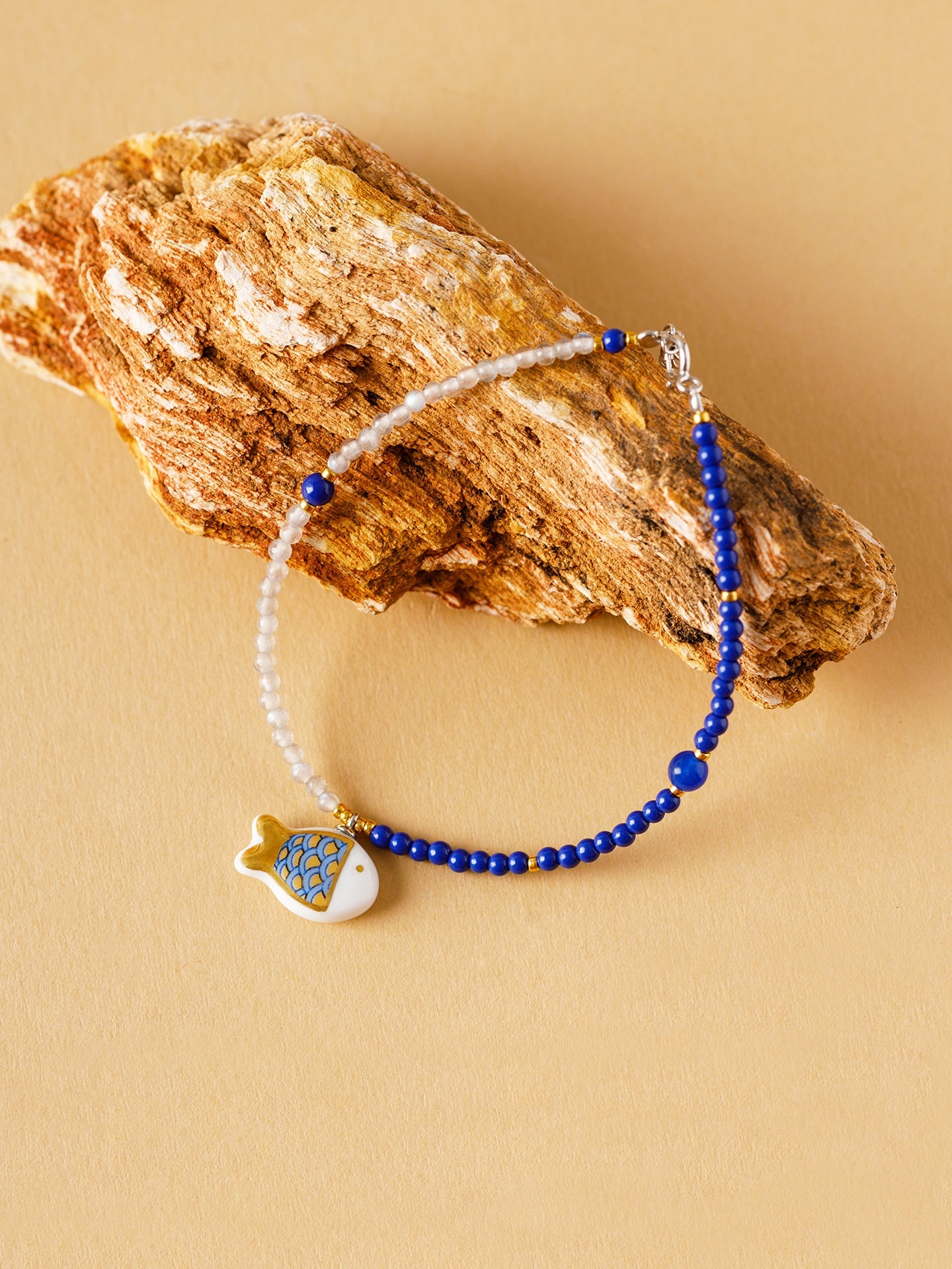 Customized Artisanal Ceramic Fish Joy Bracelet - 9th Anniversary Blue Chalcedony