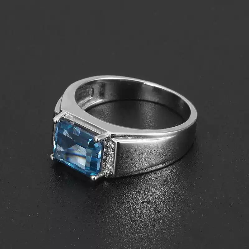 Silver Topaz Men's Ring Inlaid Zircons 4.3ct 8*10mm