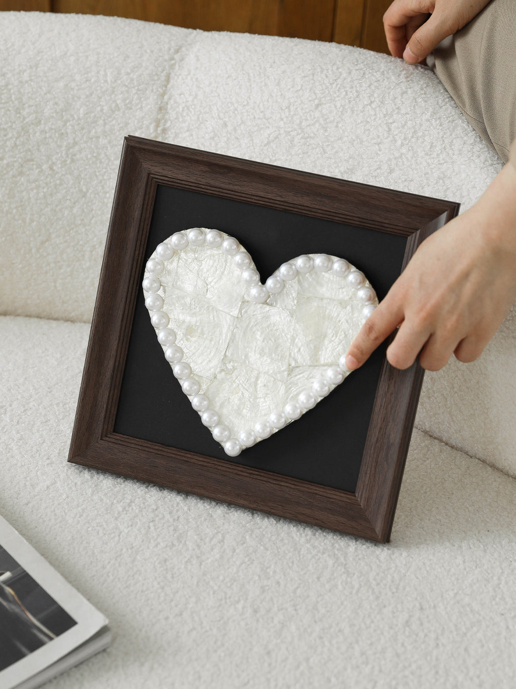 Handmade Shell Heart Wood Frame – 5th Wood Anniversary Gift, Handmade Keepsake Home Decor for Wife, Husband, or Couple