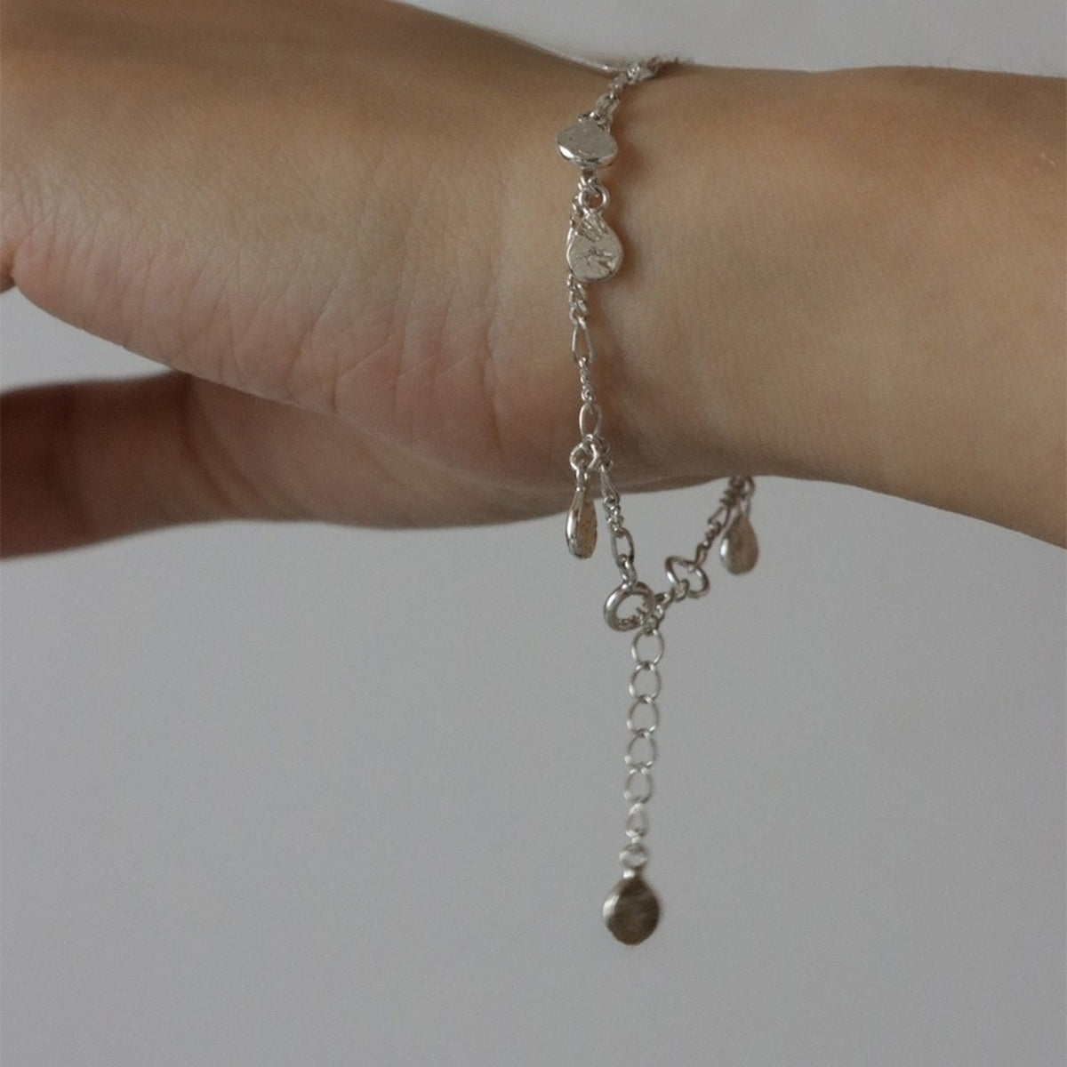 Customized Tin Foil Texture 925 Silver Water Drop Bracelet - 10th Anniversary Adjustable