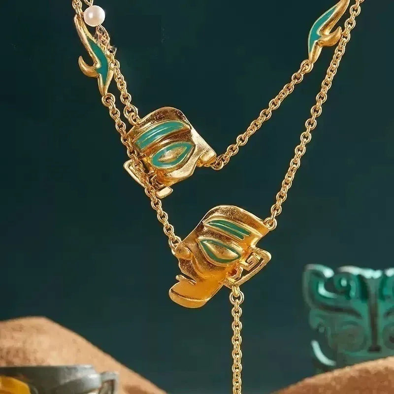 Customized Vintage Bronze Sanxingdui Necklace - 8th Anniversary Enamel Layered - OOAKB