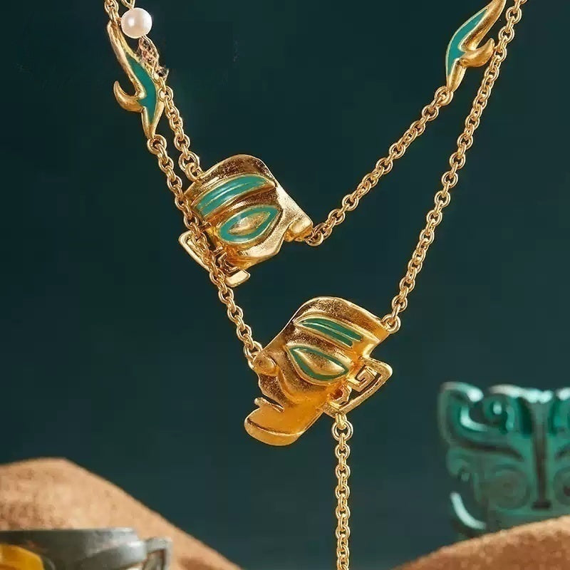 Customized Vintage Bronze Sanxingdui Necklace - 8th Anniversary Enamel Layered