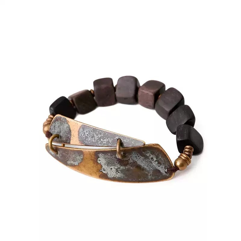Customized Vintage Bronze & Ebony Bracelet - 8th Anniversary Engraved Couple Set