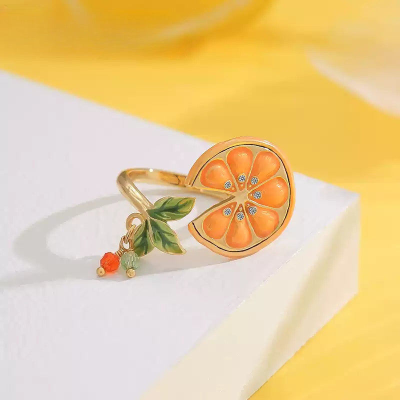 Customized Hand-Painted Enamel Citrus Slice 4th Fruit & Flower Wedding Ring - 18K Gold-Plated