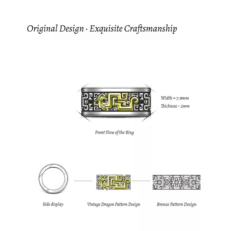 Customized Vintage Bronze-Inlaid Silver Loong Ring - 8th Anniversary Engraved