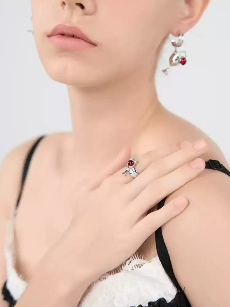 Customized Strawberry Milk Enamel 4th Fruit & Flower Wedding Ring - Cubic Zirconia