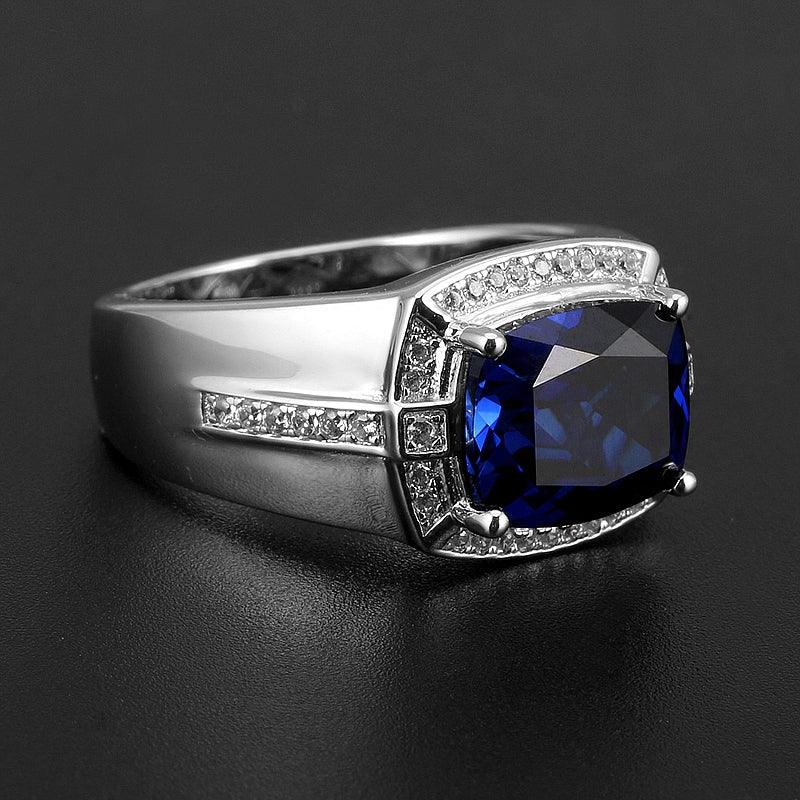 Silver Plated Platinum Sapphire Men's Ring 5.1ct - OOAKB