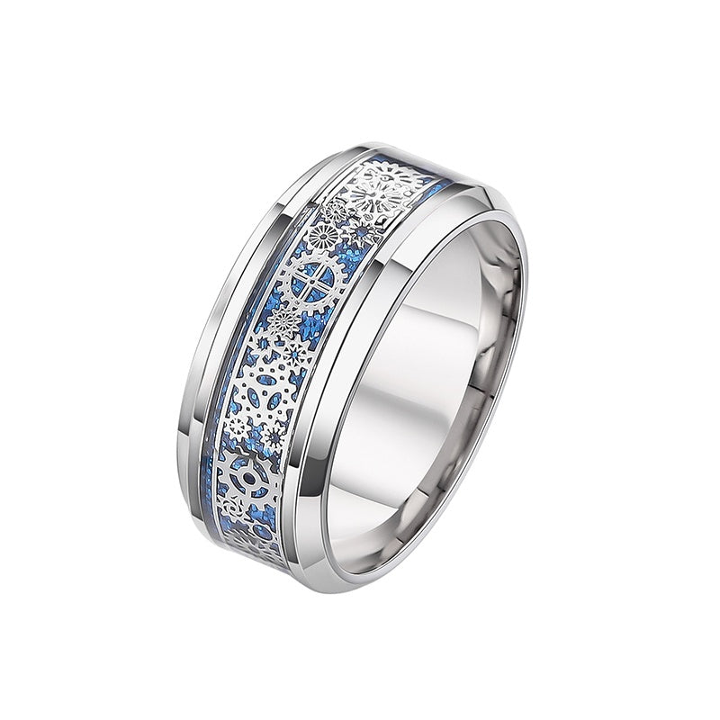 Customized Ceramic Gear Tungsten Ring - 9th Anniversary Engraved Blue Carbon Fiber