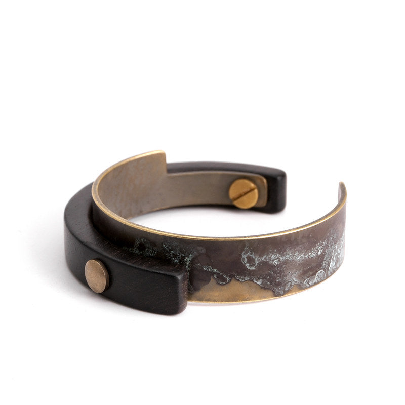 Handmade Ebony Wood & Aged Brass Open Cuff Bracelet – 5th Wood Anniversary Gift, Gender-Neutral Handmade Jewelry for Him or Her