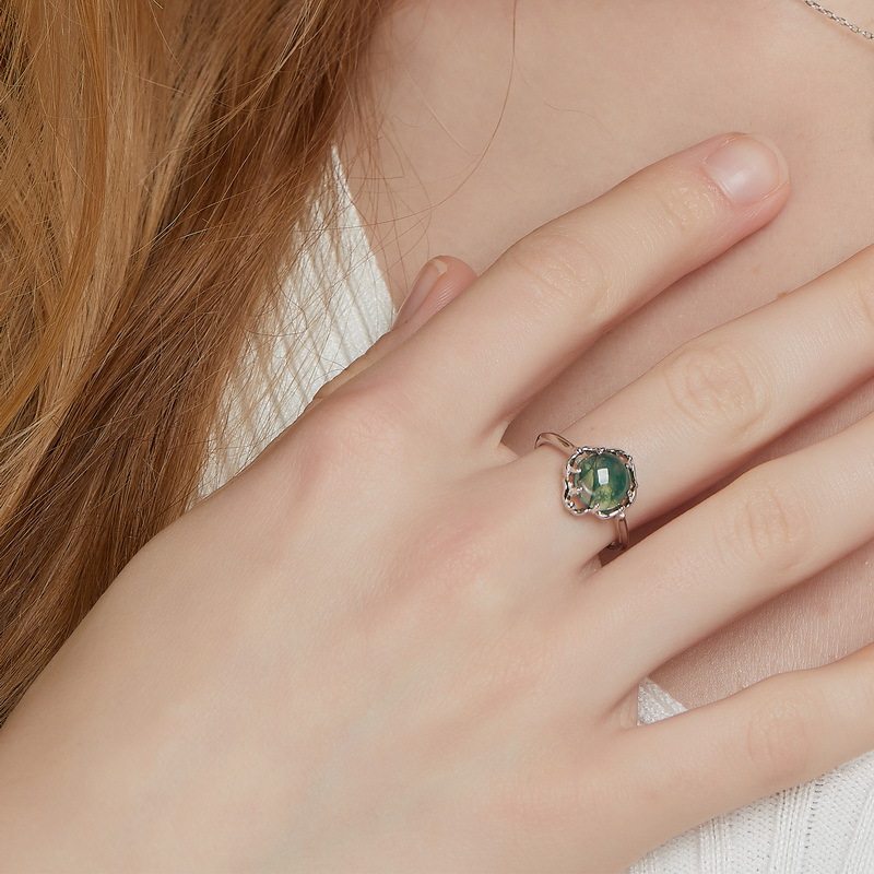 Charm Green Moss Agate Open Ring Unisex