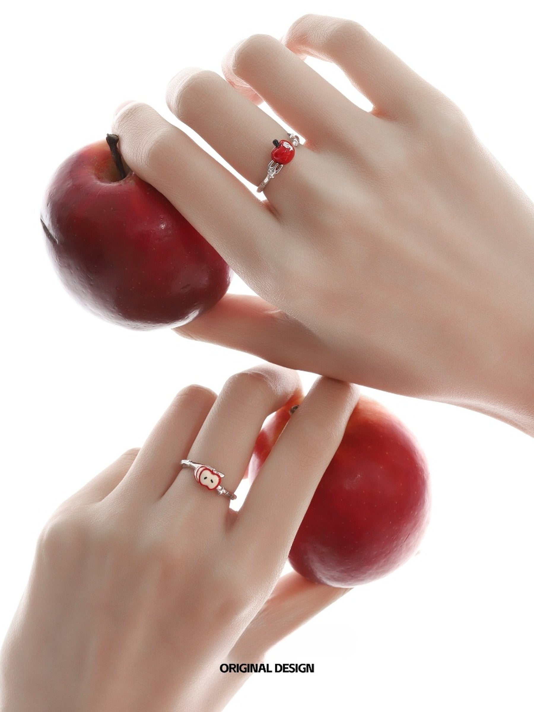 Customized 925 Silver Bitten Apple 4th Fruit & Flower Wedding Ring - Adjustable Anti-Tarnish