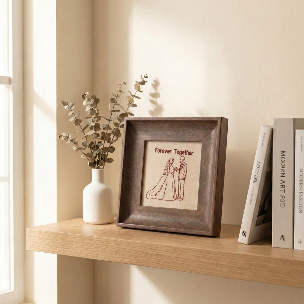 Forever Together · Embroidered Wedding Portrait in Walnut Shadow Box