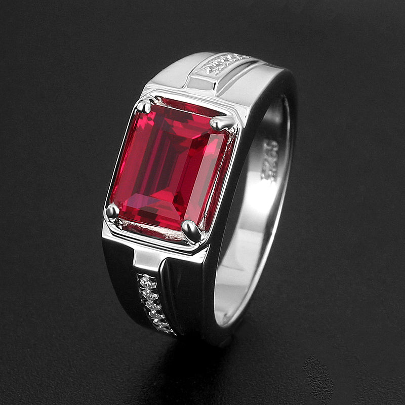 Silver Thick Plated White Gold Emerald Cut Ruby Men's Ring