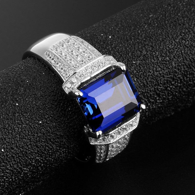 Silver Thick Gold Plated Rectangular Sapphire Men's Ring - OOAKB