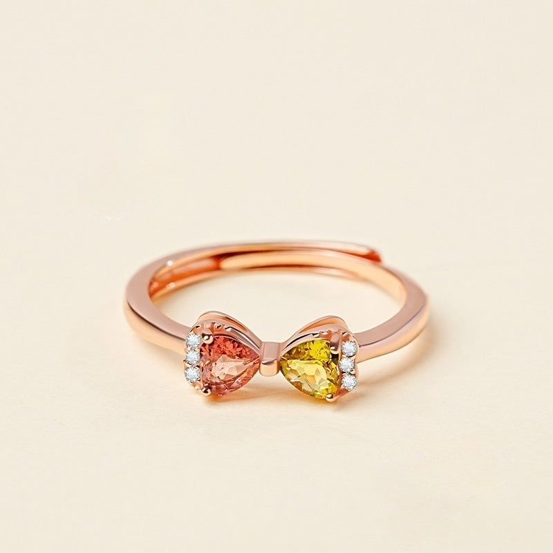 Customized Colorful Tourmaline Bowknot Ring - 8th Anniversary Ancient Silver Craft