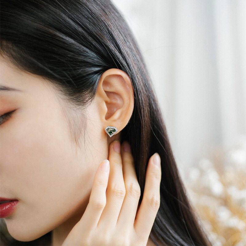 Diamond-shaped Inlaid Moss Agate Earrings