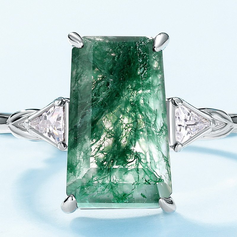 Moss Agate Rectangular Faceted Light Luxury Ring