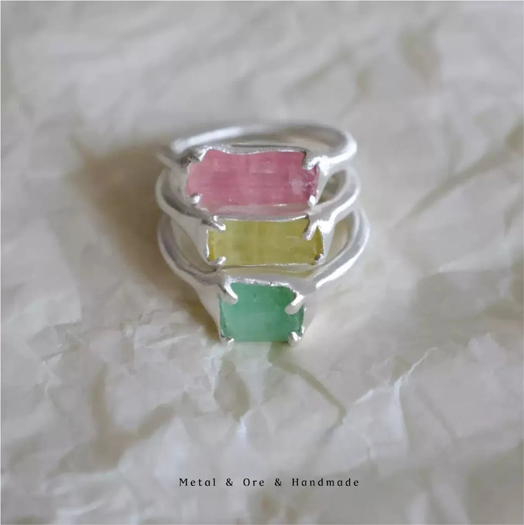 Customized Colorful Tourmaline Couple Rings - 8th Anniversary Handmade 925 Silver - OOAKB