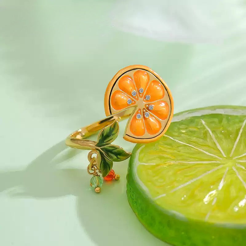 Customized Hand-Painted Enamel Citrus Slice 4th Fruit & Flower Wedding Ring - 18K Gold-Plated