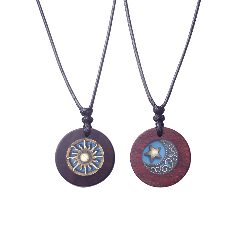 Customized Ebony & Rosewood Magnetic Couple Necklaces - 5th Anniversary Sun & Moon Engraved