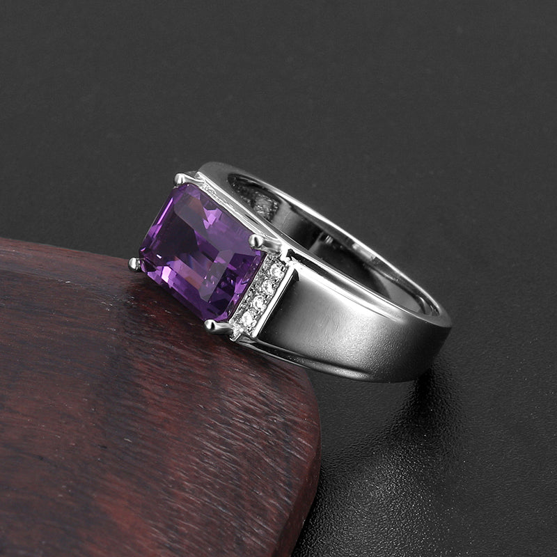 Silver Amethyst Men's Ring Inlaid 8 Zircons 3.2ct 8*10mm