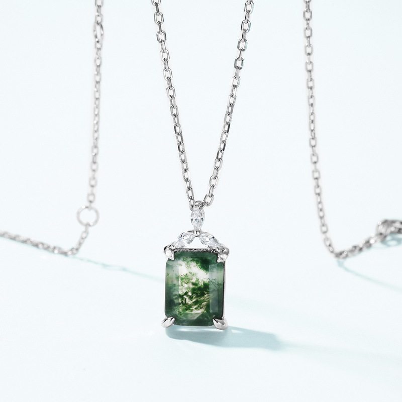 Geometric Rectangular Moss Agate Pendant