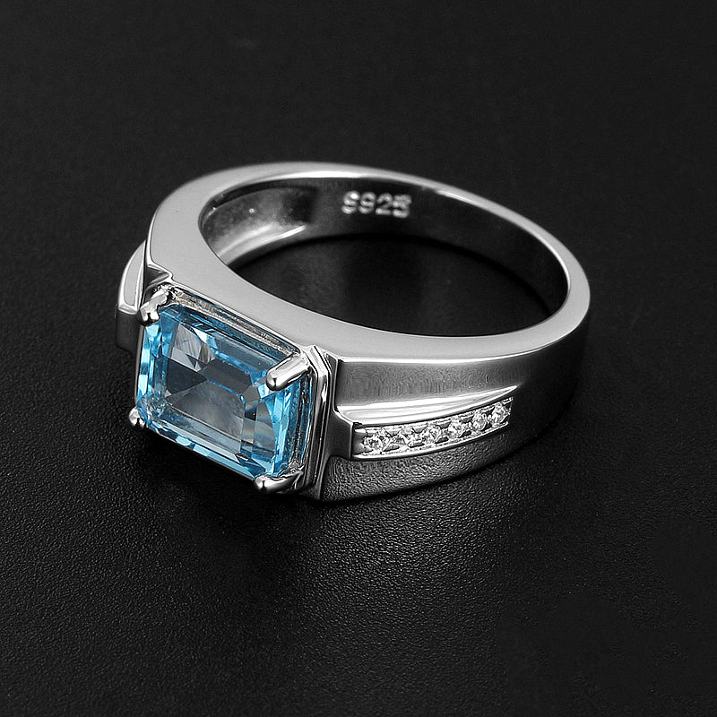 Silver Topaz Men's Ring Inlaid Zircons 2.5ct 7*9mm