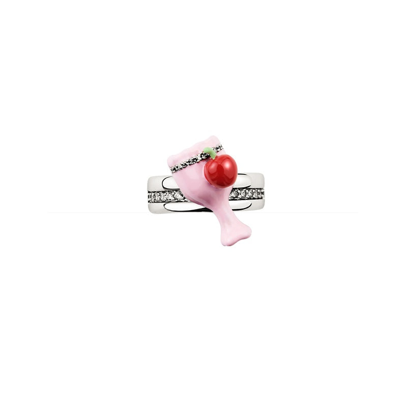 Customized Strawberry Milk Enamel 4th Fruit & Flower Wedding Ring - Cubic Zirconia