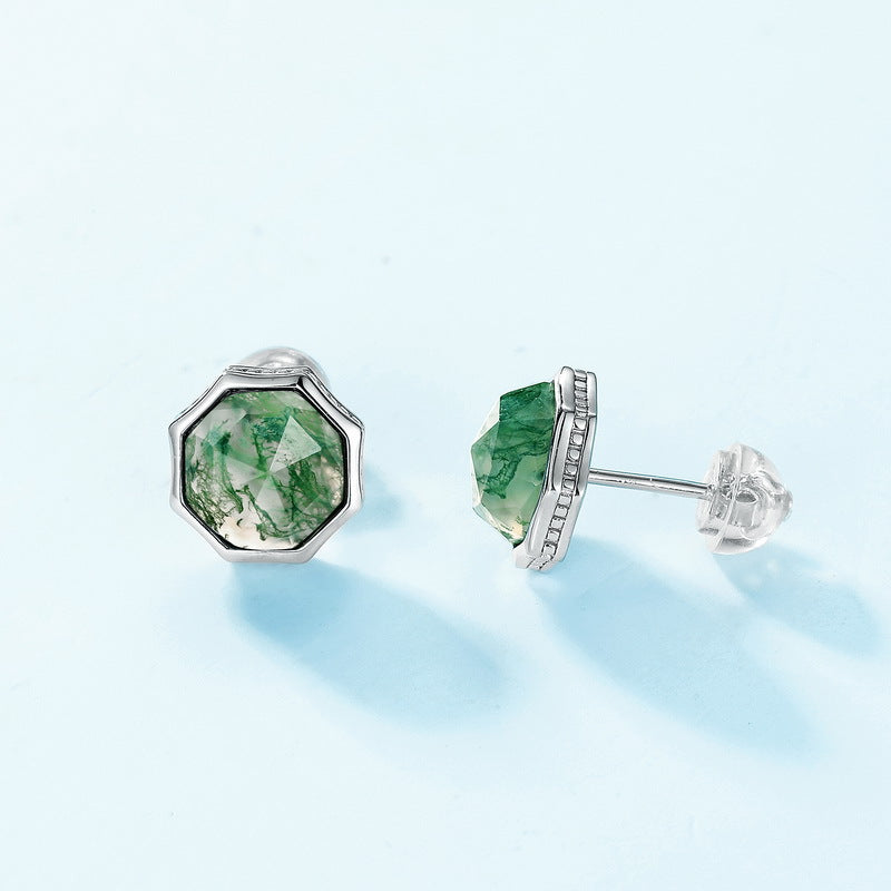 Unisex Octagonal Moss Agate Earrings