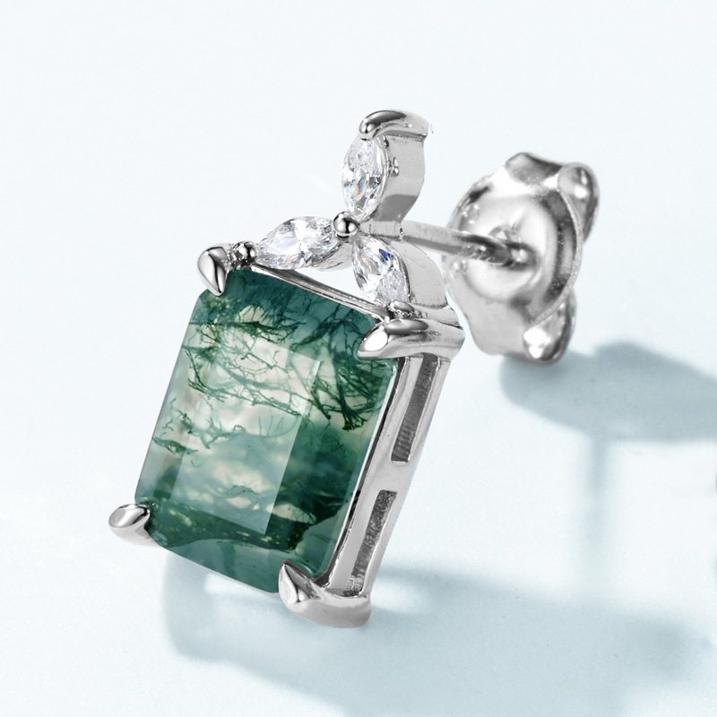 Geometric Square Moss Agate Earrings