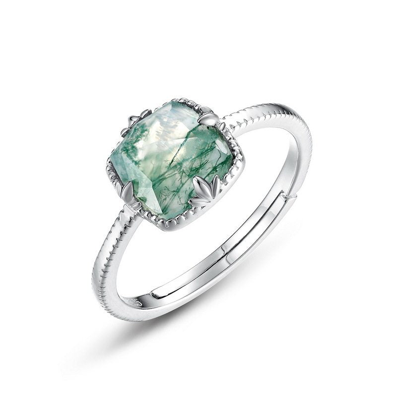 Moss Agate Cushion-Cut Light Luxury Open Ring