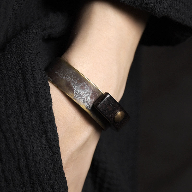 Handmade Ebony Wood & Aged Brass Open Cuff Bracelet – 5th Wood Anniversary Gift, Gender-Neutral Handmade Jewelry for Him or Her