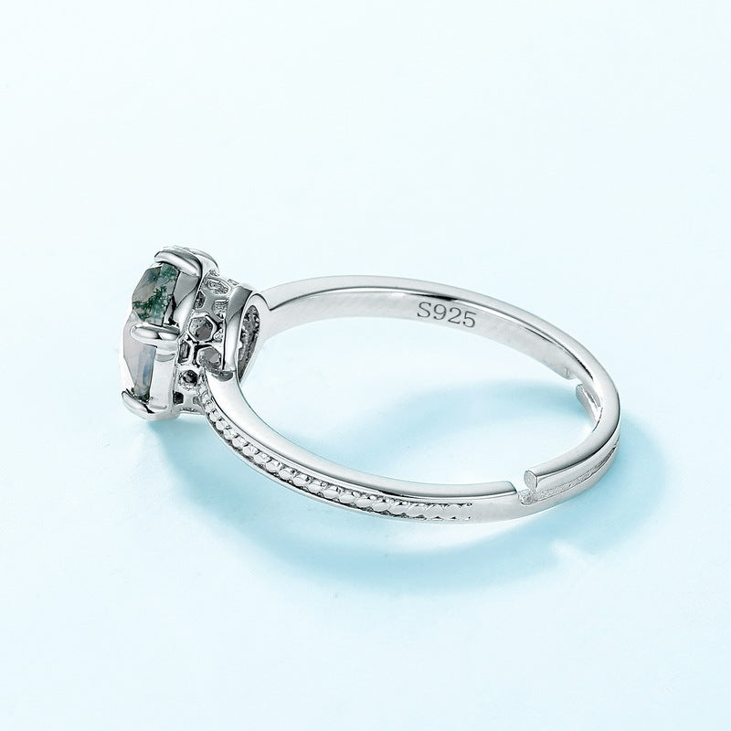 Moss Agate Six-Claw Setting Light Luxury Open Ring