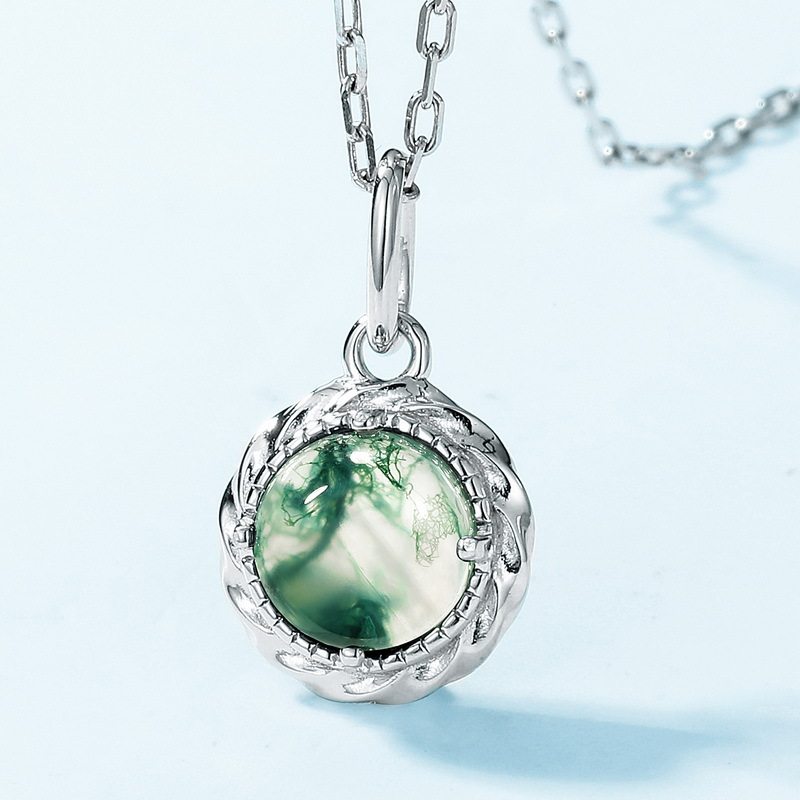 Unique Fashion Cabochon Moss Agate Pendant Necklace
