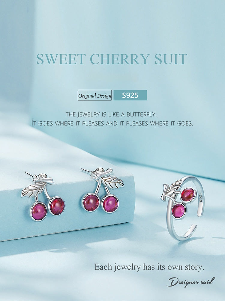 Customized 925 Silver Cherry 4th Fruit & Flower Wedding Jewelry Set - Plated White Gold