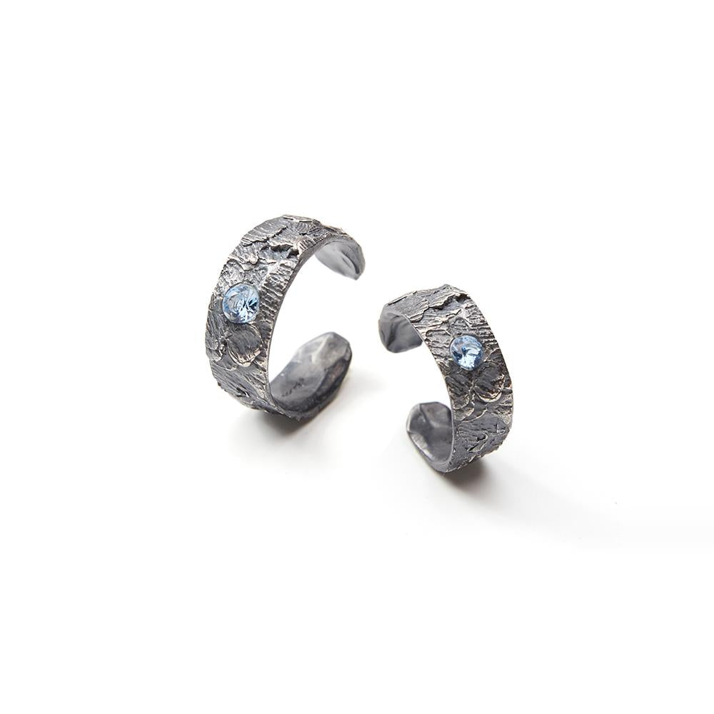 Customized Tin Foil Texture 925 Silver Couple Rings - 10th Anniversary Sapphire Inlay