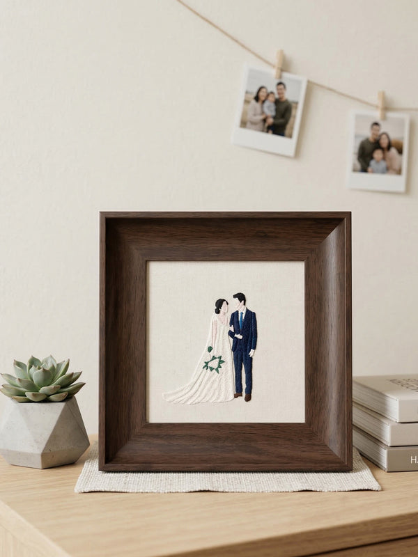 Wedding Portrait Embroidery Frame · Your Photo Stitched into a Timeless Keepsake, displayed in a warm home interior