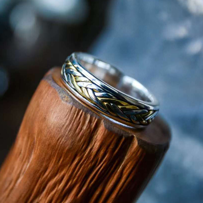 Customized Silver-Copper Woven Couple Rings - 7th Anniversary Linen Pattern Adjustable