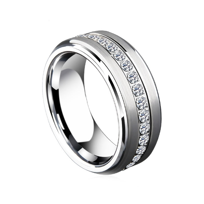 Customized 857 Tungsten Spinner Ring - 6th Iron Anniversary Zircon Engraved