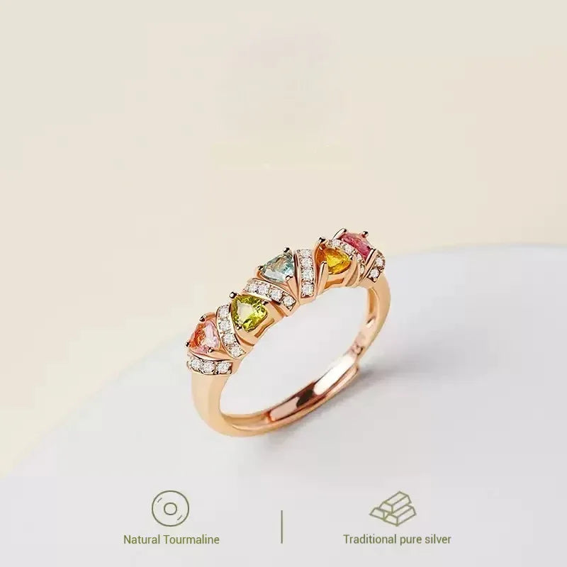 Customized Colorful Tourmaline Ring - 8th Anniversary Ancient Silver Craft - OOAKB