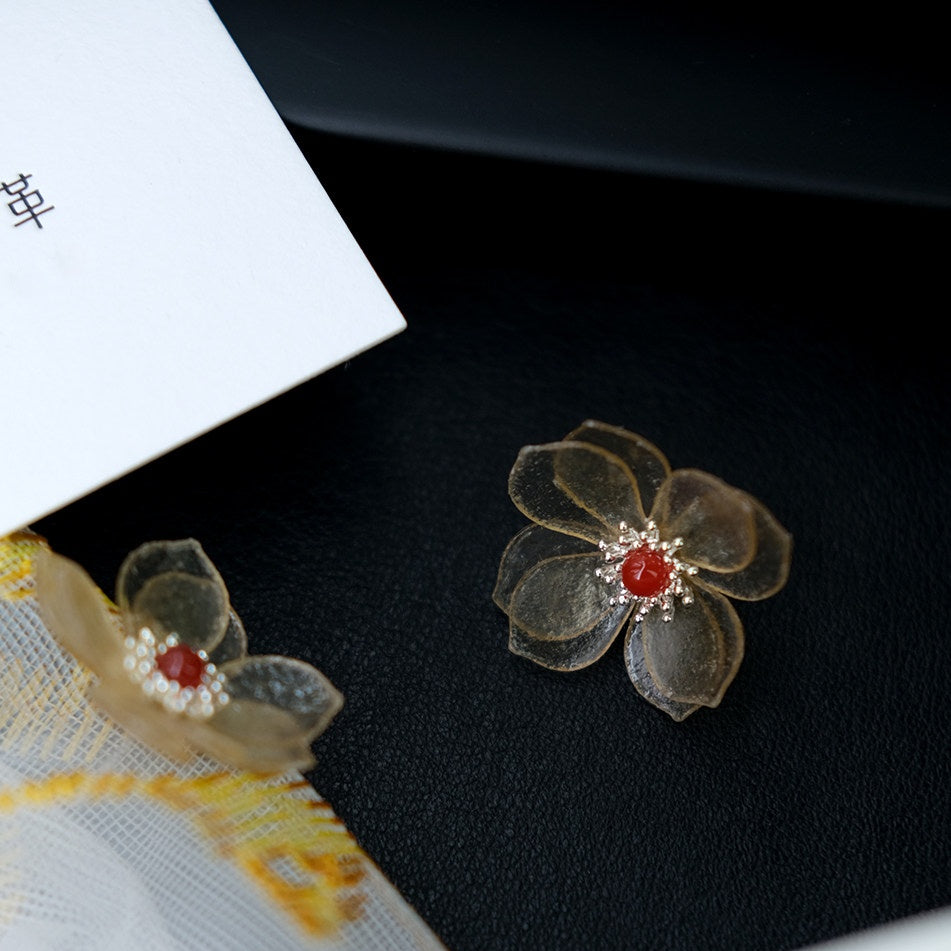 Handcrafted Leather Flower Stud Earrings — Translucent Petals & Coral Red Center | 3rd Leather Anniversary Gift for Her