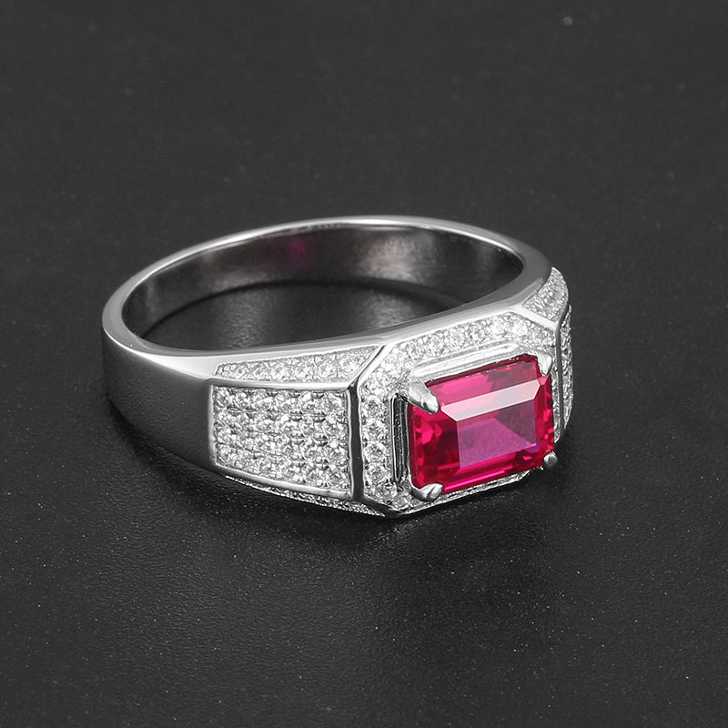 Silver Plated White Gold Zircon-Inlaid Ruby Men's Ring 1.5ct