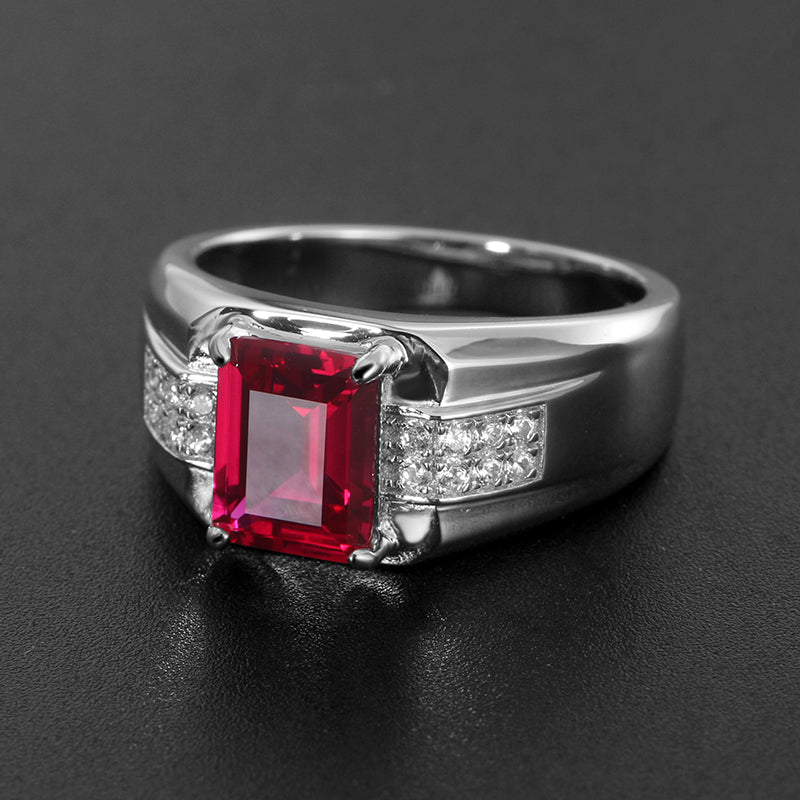 Silver Thick Plated White Gold Pigeon Blood Ruby Men's Ring