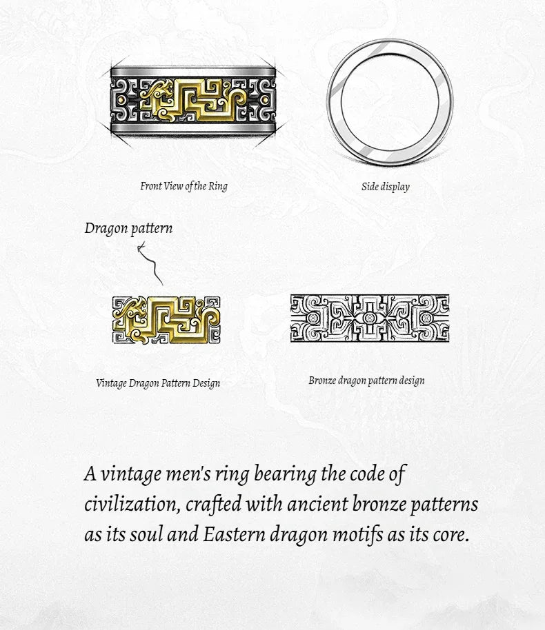 Customized Vintage Bronze-Inlaid Silver Loong Ring - 8th Anniversary Engraved - OOAKB