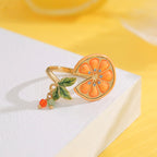 Customized Hand-Painted Enamel Citrus Slice 4th Fruit & Flower Wedding Ring - 18K Gold-Plated