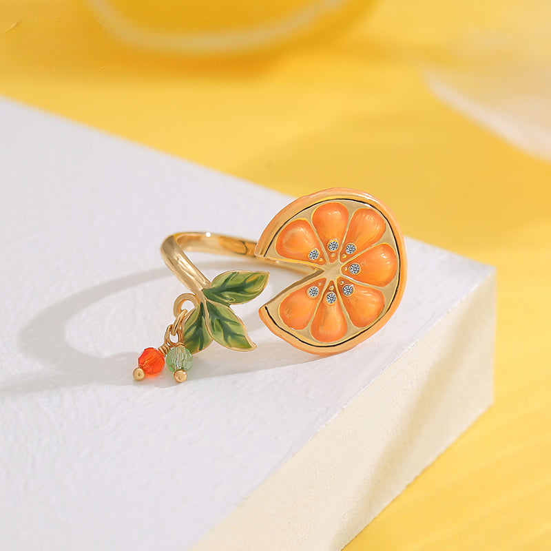 Customized Hand-Painted Enamel Citrus Slice 4th Fruit & Flower Wedding Ring - 18K Gold-Plated