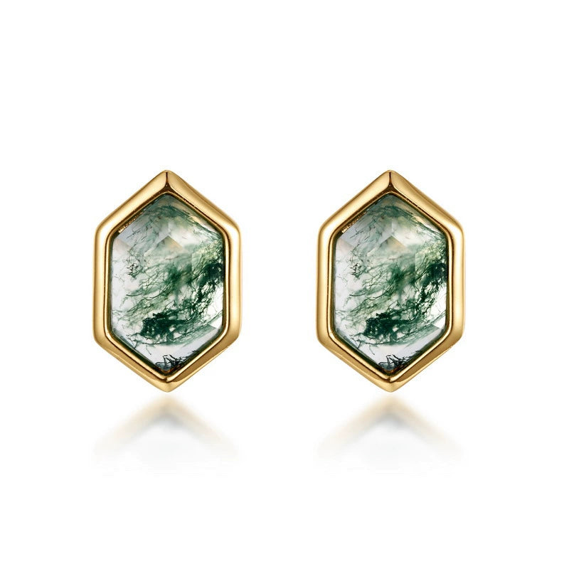 Geometric Hexagonal Moss Agate Earrings