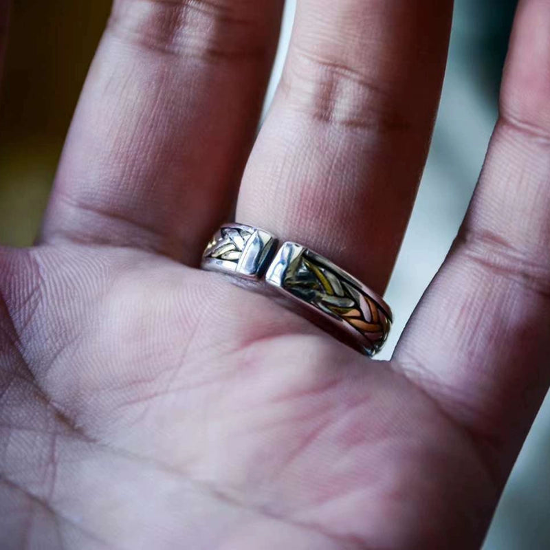 Customized Silver-Copper Woven Couple Rings - 7th Anniversary Linen Pattern Adjustable