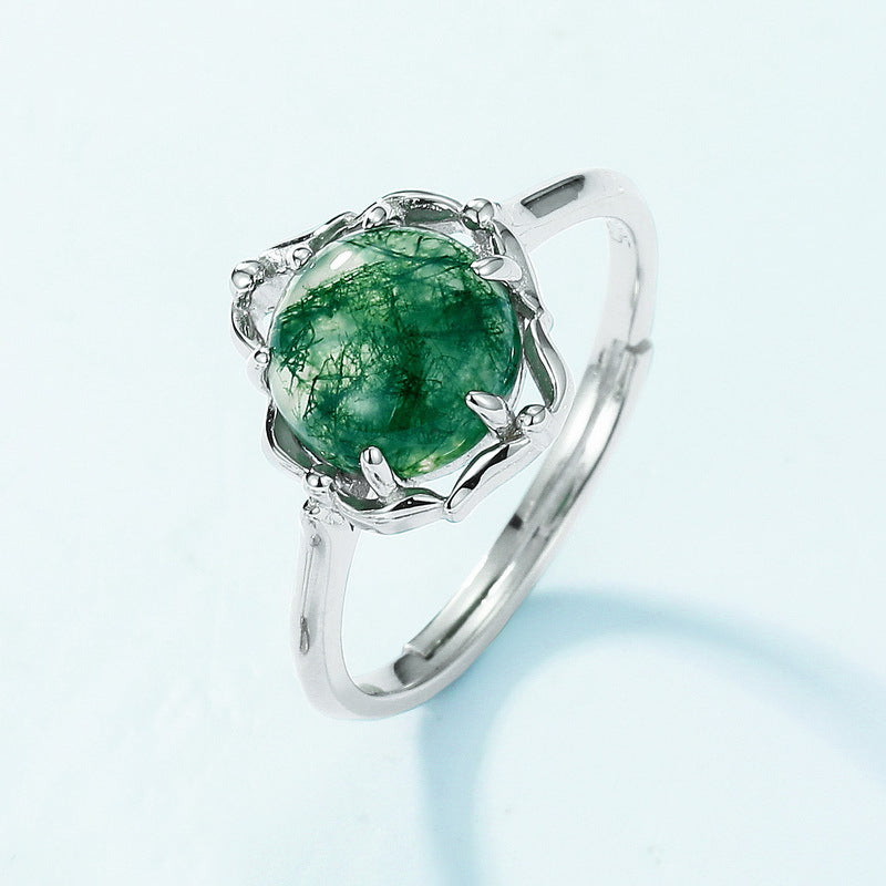Charm Green Moss Agate Open Ring Unisex